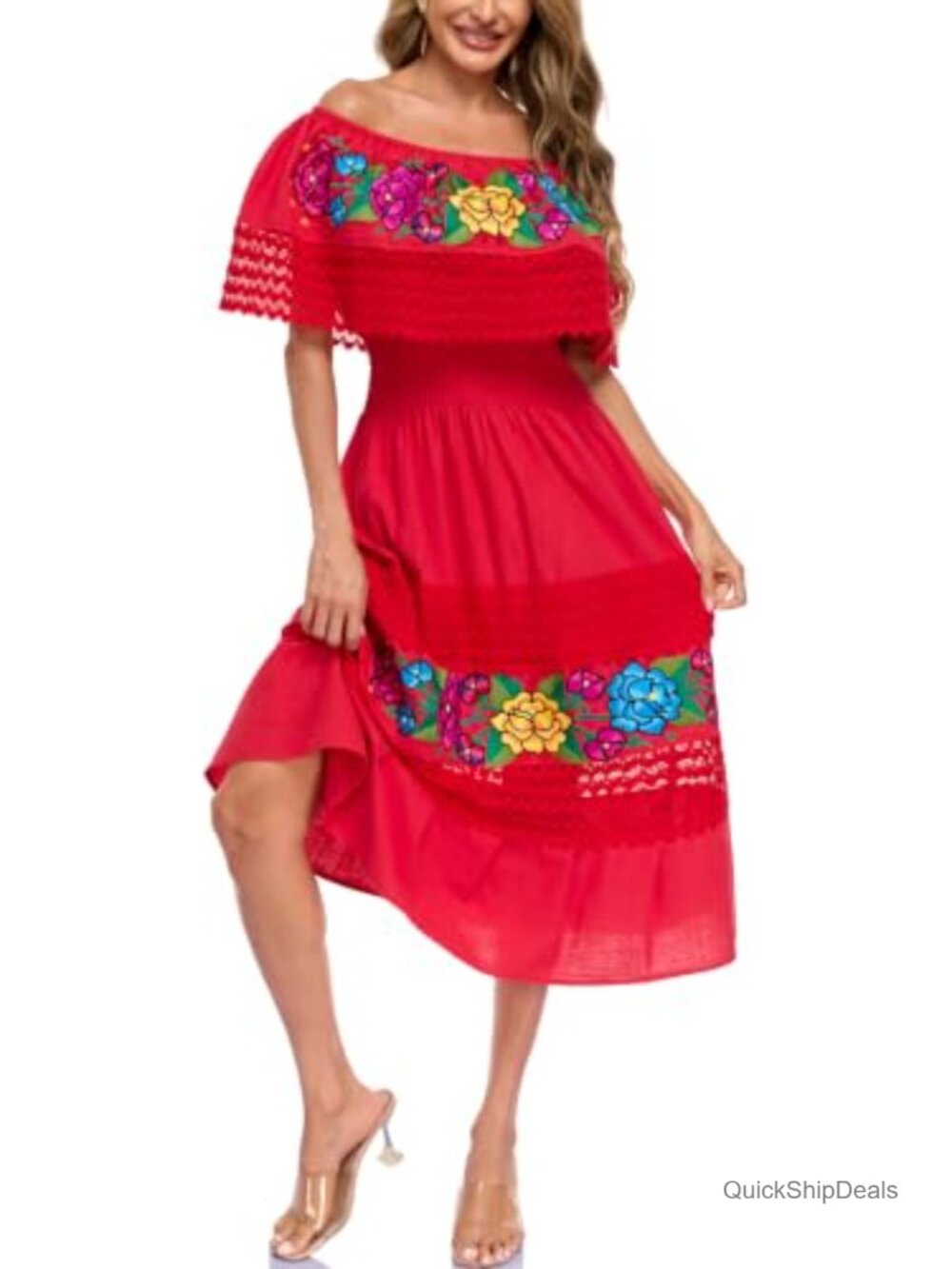 Mexican Embroidered Cotton Off-Shoulder Floral Midi Dress